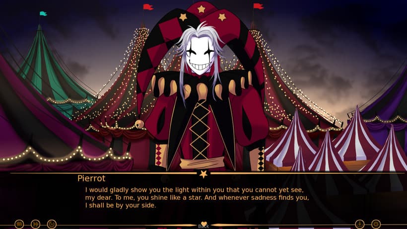 AMA 2 Part 24 screenshot showing Pierrot offering reassurance beneath the illuminated circus tents.