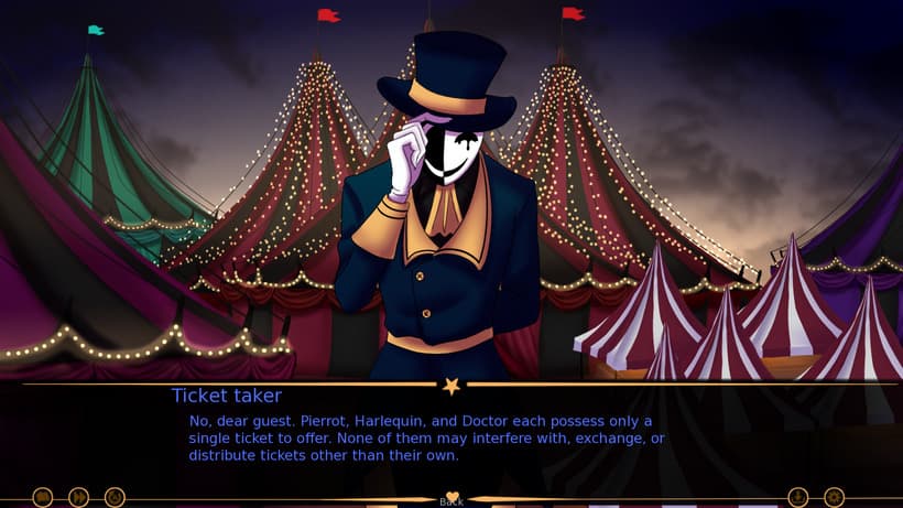 AMA 2 Part 24 screenshot showing Ticket Taker answering a question about each circus member's red ticket.