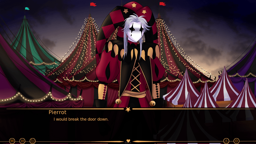 AMA 2 Part 25, second half: Pierrot answers a question in front of the illuminated circus tents.