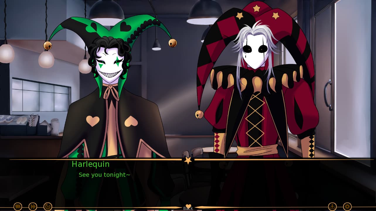 Day 3 development screenshot showing Harlequin and Jester together in the café scene.