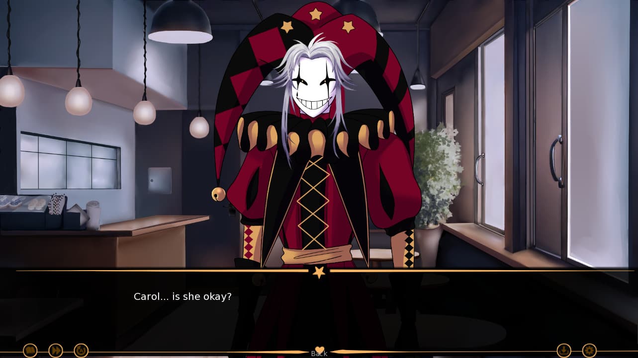 Day 3 development screenshot showing Jester speaking in the café scene.