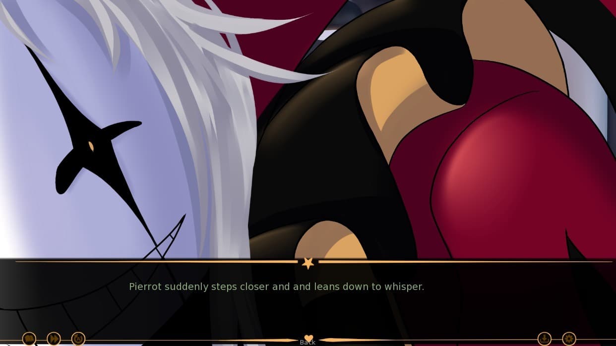 Day 3 development screenshot showing Pierrot leaning closer to whisper to the player.
