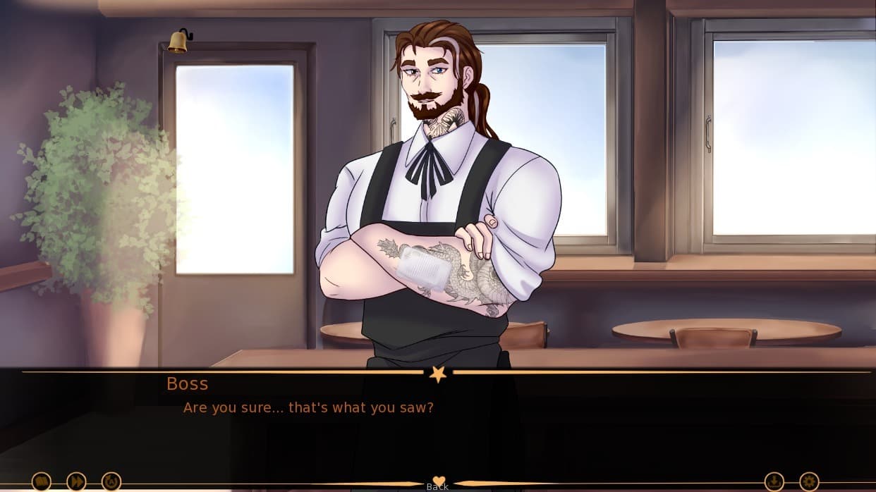 Day 3 development screenshot showing the café boss speaking with the player.
