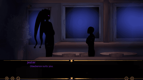 Day 3 development screenshot showing Jester and another character as silhouettes in a dark café scene.